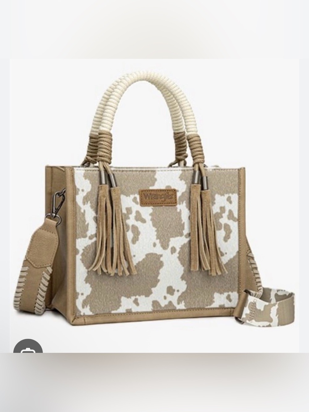 Wrangler Cow Print Satchel Top Handle Bag Tassel Zip Detachable Adjustable Strap
